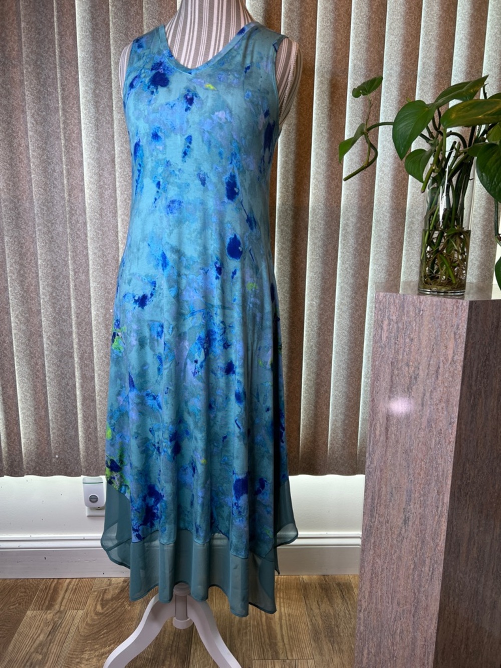 LOGO by Lori Goldstein Teal and Blue Watercolor Maxi Dress XL
